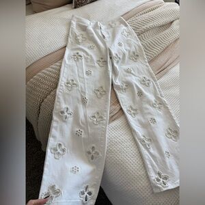 Noli White Floral Embroidered Wide Leg Jeans
